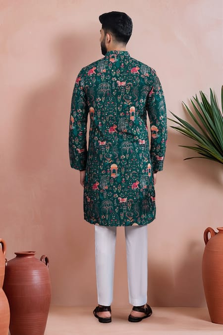 Shop Arihant Rai Sinha Green Cotton, Silk Woven Panel Print Kurta And Pant Set at Aza Fashions Shop_Arihant Rai Sinha_Green Cotton, Silk Woven Panel Print Kurta And Pant Set _at_Aza_Fashions