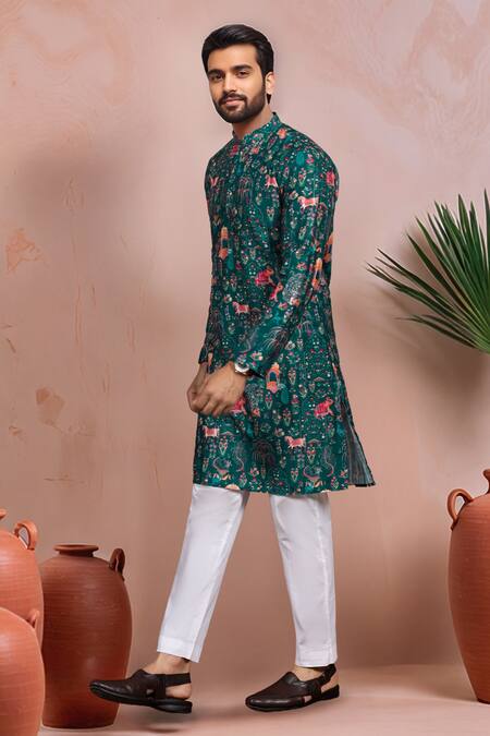 Arihant Rai Sinha Green Cotton, Silk Woven Panel Print Kurta And Pant Set Online at Aza Fashions Arihant Rai Sinha_Green Cotton, Silk Woven Panel Print Kurta And Pant Set _Online_at_Aza_Fashions