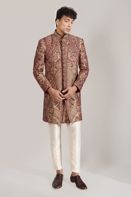 Rng Safawala_Maroon Silk, Dupion Embroidery Thread Sherwani And Pant Set _Online_at_Aza_Fashions