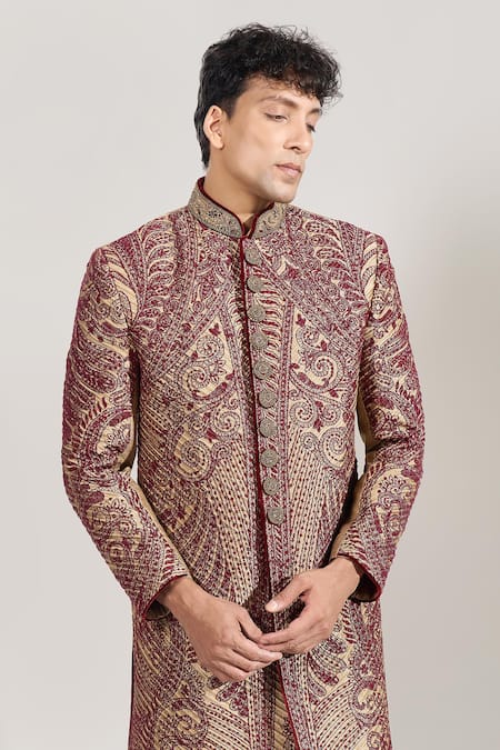 Buy_Rng Safawala_Maroon Silk, Dupion Embroidery Thread Sherwani And Pant Set _Online_at_Aza_Fashions