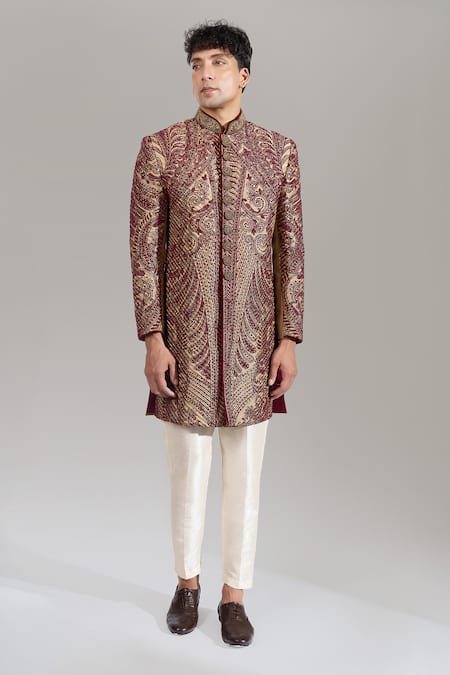 Shop_Rng Safawala_Maroon Silk, Dupion Embroidery Thread Sherwani And Pant Set _Online_at_Aza_Fashions