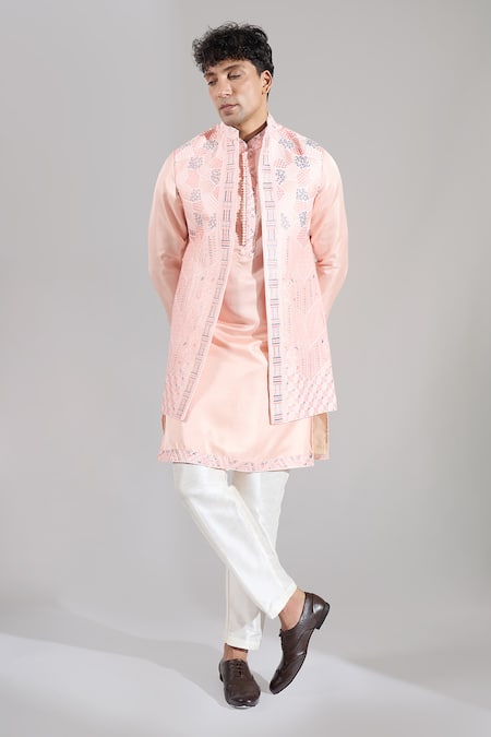 Rng Safawala_Peach Crepe, Silk, Dupion Embroidery Resham Open Jacket Kurta Set _at_Aza_Fashions