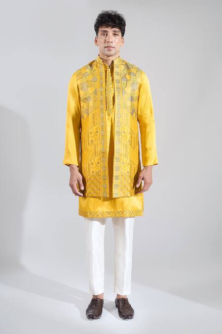 Shop_Rng Safawala_Yellow Crepe, Silk, Dupion Embroidery Geometric Resham Bundi Kurta Set _Online_at_Aza_Fashions