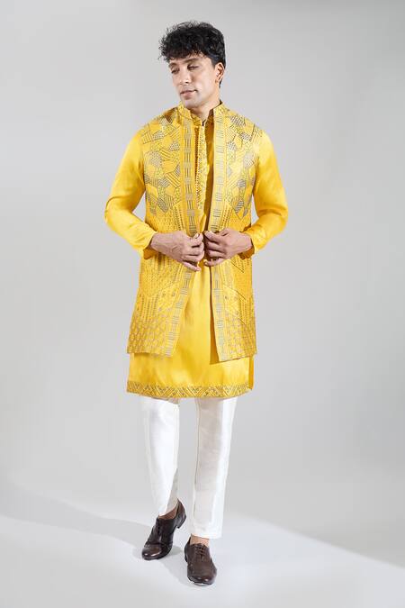 Rng Safawala_Yellow Crepe, Silk, Dupion Embroidery Geometric Resham Bundi Kurta Set _at_Aza_Fashions