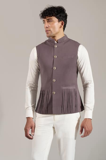 Rng Safawala_Gray Terrycloth Studs, Embroidery Pintuck And Metal Button Nehru Jacket _Online_at_Aza_Fashions