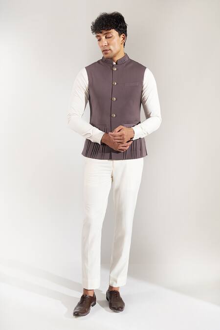 Shop_Rng Safawala_Gray Terrycloth Studs, Embroidery Pintuck And Metal Button Nehru Jacket _Online_at_Aza_Fashions