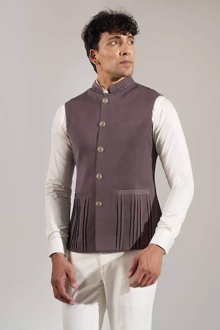 Rng Safawala_Gray Terrycloth Studs, Embroidery Pintuck And Metal Button Nehru Jacket _at_Aza_Fashions