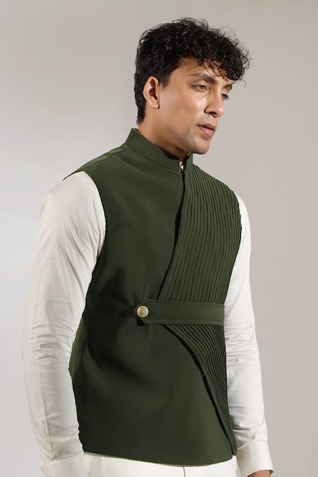 Rng Safawala_Black Terrycloth Studs Pintuck And Metal Button Bundi _Online_at_Aza_Fashions