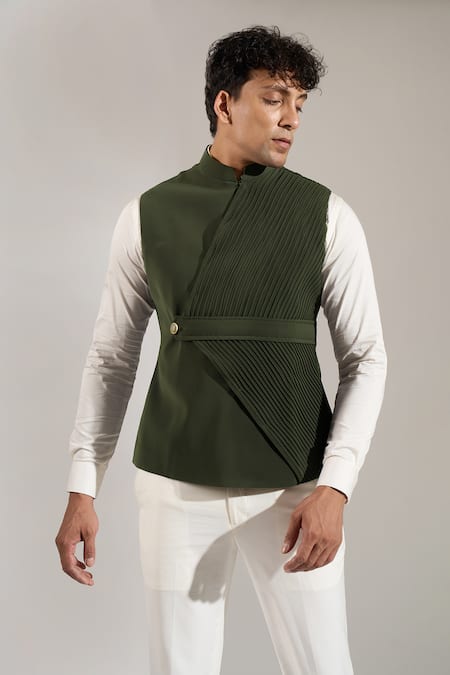 Rng Safawala_Black Terrycloth Studs Pintuck And Metal Button Bundi _at_Aza_Fashions