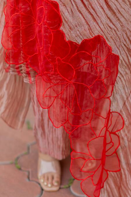 Chambray & CO._Coral Tissue, Silk Organza, Silk, Cotton Applique, Embroidery Rubina Kurta Set _Online_at_Aza_Fashions