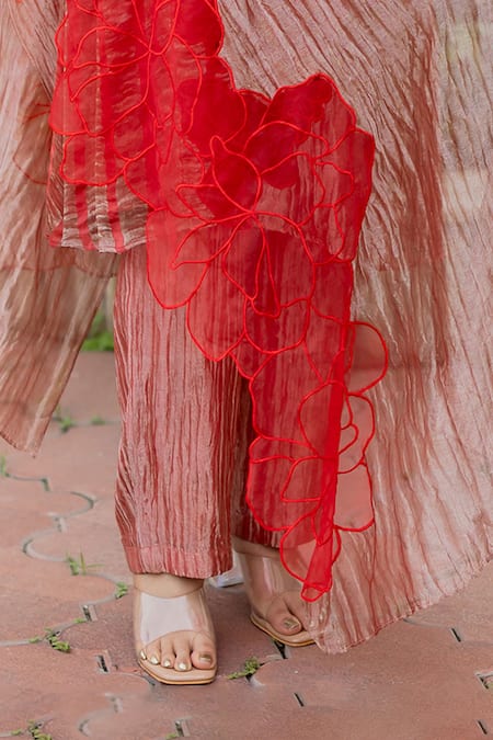 Shop_Chambray & CO._Coral Tissue, Silk Organza, Silk, Cotton Applique, Embroidery Rubina Kurta Set _Online_at_Aza_Fashions