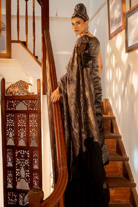 Chambray & CO._Black Organza, Tissue, Cotton, Embroidery Banarasi Saree With Blouse _Online_at_Aza_Fashions