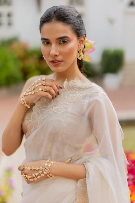 Buy_Chambray & CO._Ivory Silk Organza, Tissue, Organza, Silk, Cotton Mala Floral Saree With Blouse _Online_at_Aza_Fashions