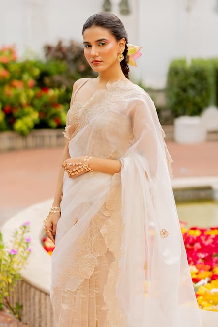 Shop_Chambray & CO._Ivory Silk Organza, Tissue, Organza, Silk, Cotton Mala Floral Saree With Blouse _Online_at_Aza_Fashions