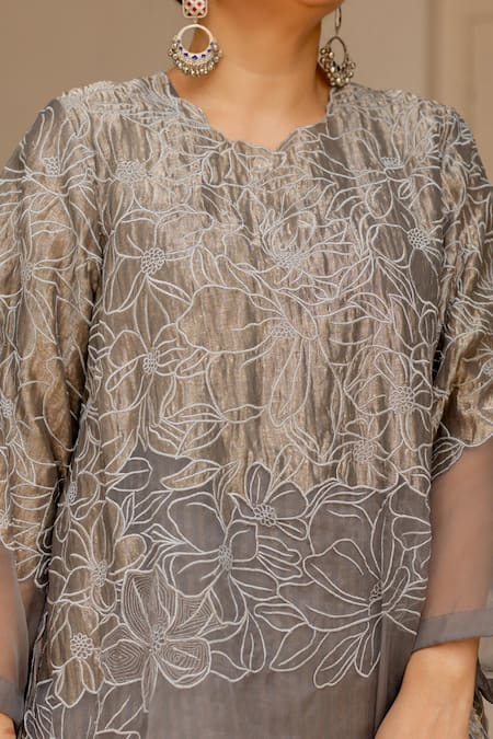 Shop_Chambray & CO._Charcoal Organza, Tissue, Cotton, Nishvi Floral Kurta And Pant Set _Online_at_Aza_Fashions