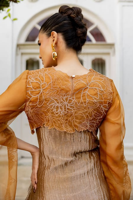 Shop_Chambray & CO._Brown Silk Organza, Silk, Cotton Akira Floral Overlay Tunic And Pant Set _Online_at_Aza_Fashions