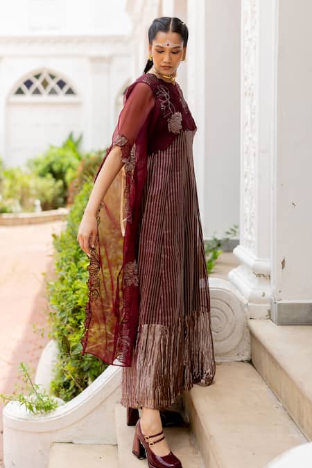 Chambray & CO._Wine Silk Organza, Cotton, Silk, Organza, Simran Floral Overlay And Striped Kurta _Online_at_Aza_Fashions