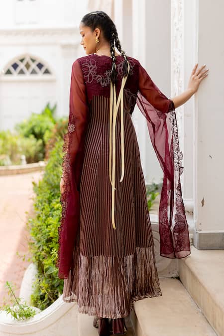 Chambray & CO. Simran Embroidered Floral Overlay & Striped Kurta 