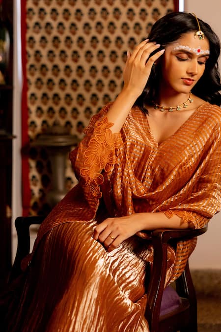 Chambray & CO._Rust Silk Organza, Cotton, Silk, Tissue Applique Lekha Banarasi Kaftan Set _Online_at_Aza_Fashions