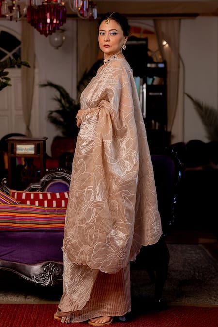 Chambray & CO._Beige Organza, Tissue, Cotton, Embroidery Sweetheart Aarya Saree Set _Online_at_Aza_Fashions