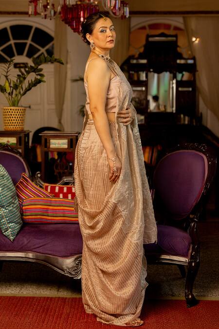 Shop_Chambray & CO._Beige Organza, Tissue, Cotton, Embroidery Sweetheart Aarya Saree Set _Online_at_Aza_Fashions