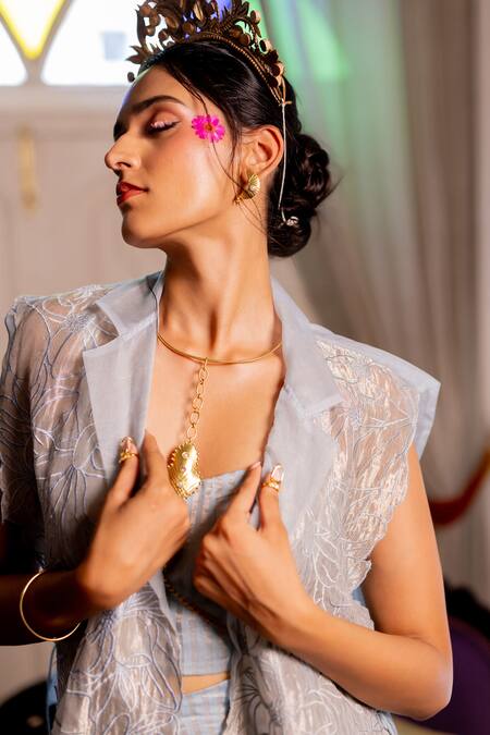 Buy_Chambray & CO._Sky Blue Organza, Tissue, Cotton, Marlin Striped Overlay And Pant Set _Online_at_Aza_Fashions