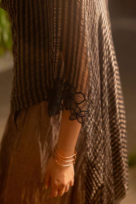 Chambray & CO._Black Tissue, Silk, Cotton Embroidery V-neck, Sweetheart Sia Striped Kaftan Set  _Online_at_Aza_Fashions