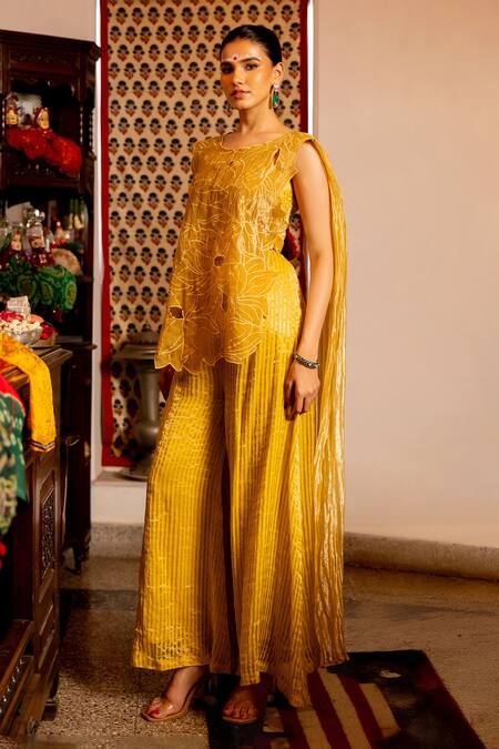 Chambray & CO._Yellow Organza, Cotton, Cut Sohi Floral Cutwork Overlay And Pant Set _Online_at_Aza_Fashions