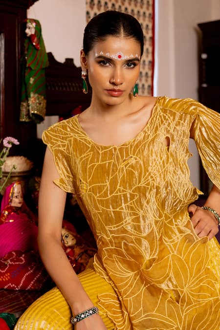 Buy_Chambray & CO._Yellow Organza, Cotton, Cut Sohi Floral Cutwork Overlay And Pant Set _Online_at_Aza_Fashions