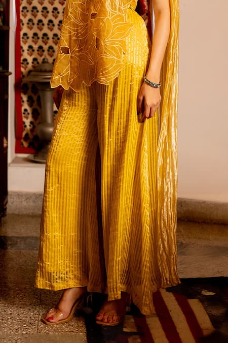 Shop_Chambray & CO._Yellow Organza, Cotton, Cut Sohi Floral Cutwork Overlay And Pant Set _Online_at_Aza_Fashions