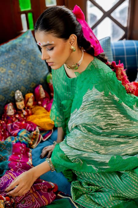 Buy_Chambray & CO._Green Chanderi Silk, Cotton Embroidery, Cut Work Aranay Saree With Blouse _Online_at_Aza_Fashions