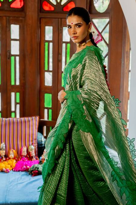 Shop_Chambray & CO._Green Chanderi Silk, Cotton Embroidery, Cut Work Aranay Saree With Blouse _Online_at_Aza_Fashions