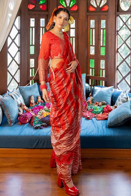 Shop_Chambray & CO._Red Silk, Linen, Cotton Embroidery, Cut Work, Rohini Striped Saree With Blouse _Online_at_Aza_Fashions