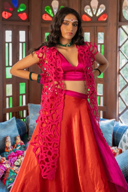 Buy_Chambray & CO._Pink Silk Cut Work, Embroidery Open Neck, Cerise Cutwork Overlay And Skirt Set _Online_at_Aza_Fashions