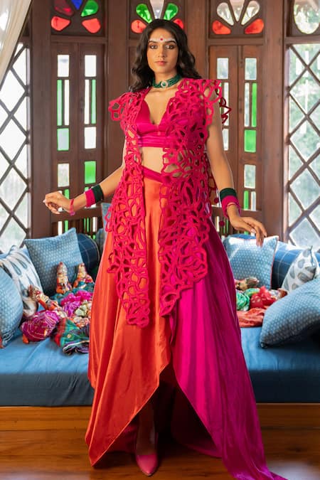 Shop_Chambray & CO._Pink Silk Cut Work, Embroidery Open Neck, Cerise Cutwork Overlay And Skirt Set _Online_at_Aza_Fashions