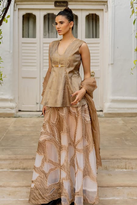 Chambray & CO._Brown Silk, Linen, Tulle, Organza Julia Peplum Tunic And Floral Pattern Skirt Set _Online_at_Aza_Fashions