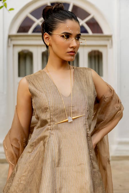 Buy_Chambray & CO._Brown Silk, Linen, Tulle, Organza Julia Peplum Tunic And Floral Pattern Skirt Set _Online_at_Aza_Fashions