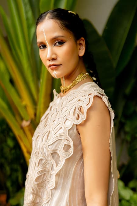 Chambray & CO. Ivory Tulle, Organza Fabric Ileana Handtucked Floral Overlay And Dress Set Online at Aza Fashions Chambray & CO._Ivory Tulle, Organza Fabric Ileana Handtucked Floral Overlay And Dress Set _Online_at_Aza_Fashions