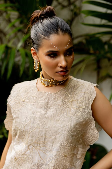 Chambray & CO._Ivory Tulle, , Cotton, Chanderi Lorena Thread Overlay Skirt Set _Online_at_Aza_Fashions