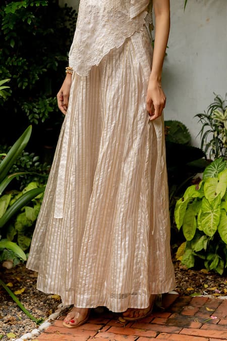 Buy_Chambray & CO._Ivory Tulle, , Cotton, Chanderi Lorena Thread Overlay Skirt Set _Online_at_Aza_Fashions