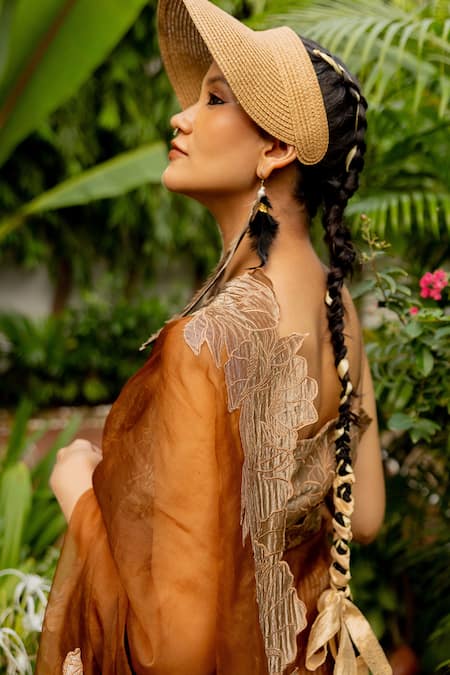 Buy_Chambray & CO._Brown Chanderi Silk, Cotton Applique, Helena Thread Handwork Saree And Blouse Set _Online_at_Aza_Fashions