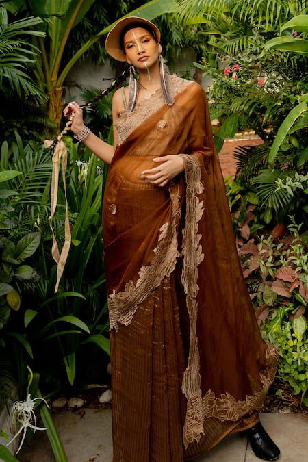 Shop_Chambray & CO._Brown Chanderi Silk, Cotton Applique, Helena Thread Handwork Saree And Blouse Set _Online_at_Aza_Fashions