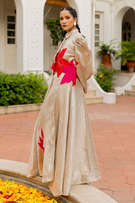 Buy_Chambray & CO._Beige Chanderi Silk, Cotton Applique, Saanvi Floral Pattern Top And Skirt Set _Online_at_Aza_Fashions
