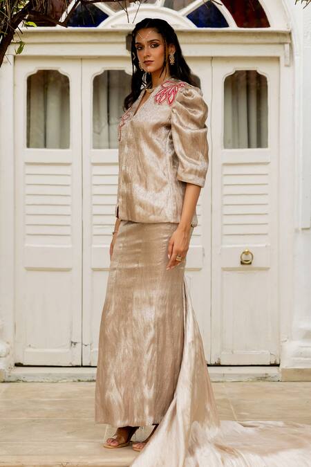 Chambray & CO._Gold Chanderi Silk, Cotton Embroidery V-neck Karima Hand Top And Skirt Set _Online_at_Aza_Fashions