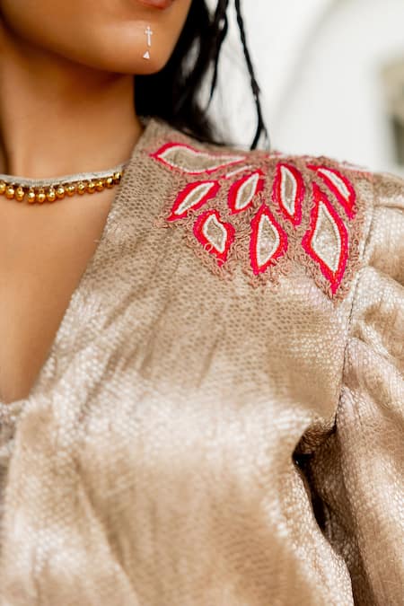 Buy_Chambray & CO._Gold Chanderi Silk, Cotton Embroidery V-neck Karima Hand Top And Skirt Set _Online_at_Aza_Fashions