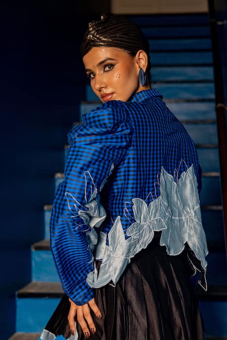 Chambray & CO._Blue Chanderi Silk, Cotton Kathy Gingham Print Shirt And Abstract Skirt Set _Online_at_Aza_Fashions