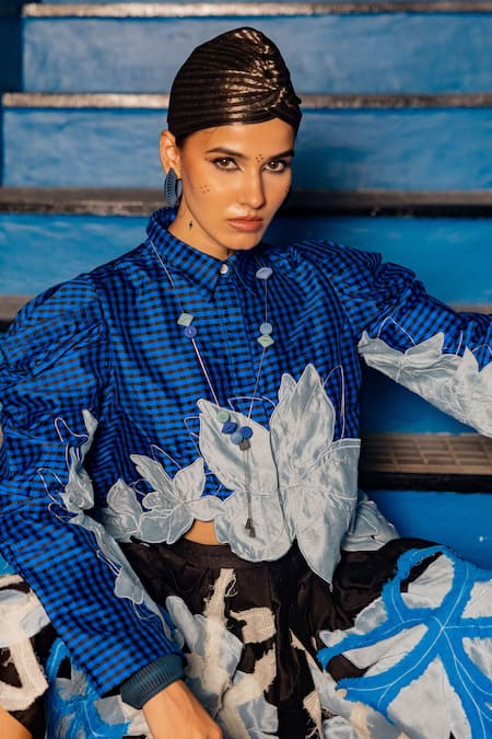Buy_Chambray & CO._Blue Chanderi Silk, Cotton Kathy Gingham Print Shirt And Abstract Skirt Set _Online_at_Aza_Fashions