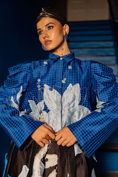 Shop_Chambray & CO._Blue Chanderi Silk, Cotton Kathy Gingham Print Shirt And Abstract Skirt Set _Online_at_Aza_Fashions