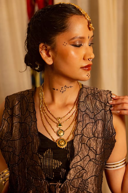 Shop_Chambray & CO._Gold Chanderi Silk, Cotton Embroidery, Metallic Vedika Overlay And Skirt Set _Online_at_Aza_Fashions