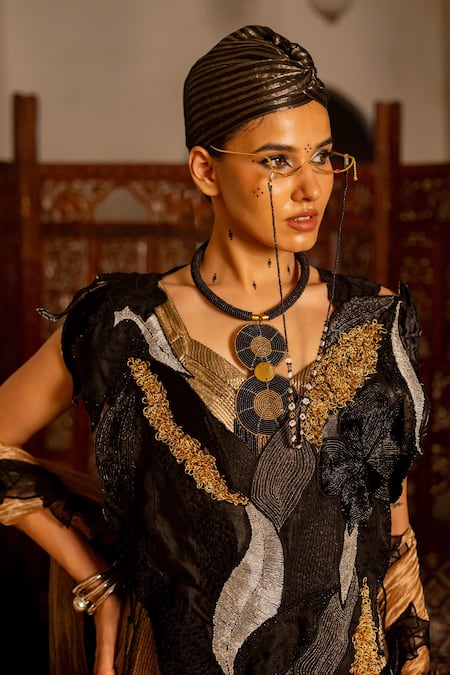 Chambray & CO._Black Organza Embroidery, Fabric Flowers, Metallic Indra Overlay Skirt Set _Online_at_Aza_Fashions